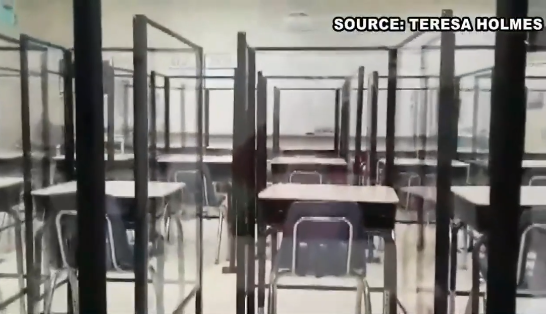 Elementary classroom with Plexiglas barriers